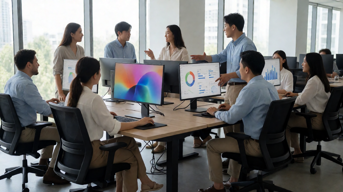 每日大赛专业吃瓜内容团队工作场景，展示数据分析与内容审核工作流程